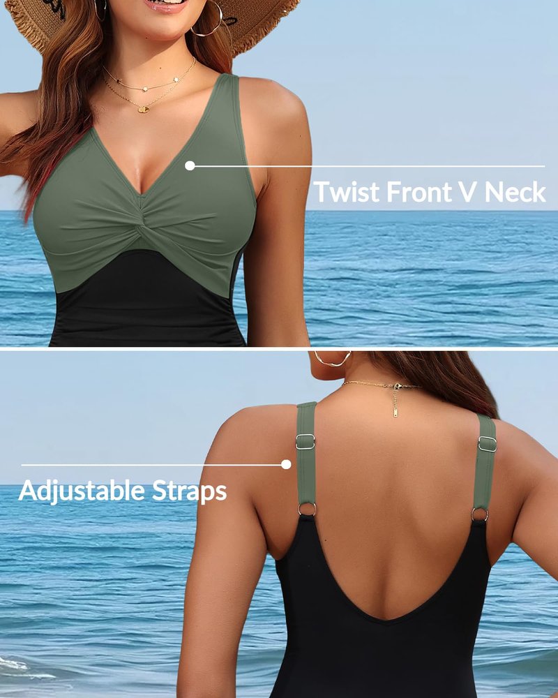 Holipick Green and Black Women Tummy Control One Piece Swimsuit - Push Up Bathing Suit Full Coverage Slimming Swimwear M