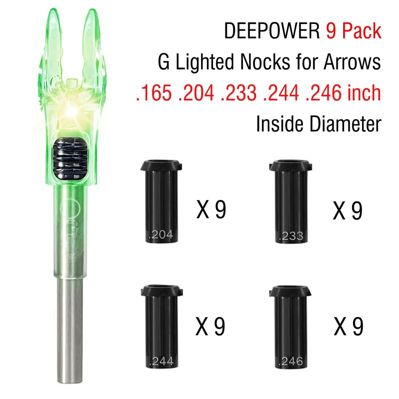 DEEPOWER 4/9 PCS G Lighted Nocks for Arrows .165 .204 .233 .244 .246 inch Inside Diameter with X,H,S,GT Bushings LED Lighted Nock and ON/Off Switch for Archrey Hunting