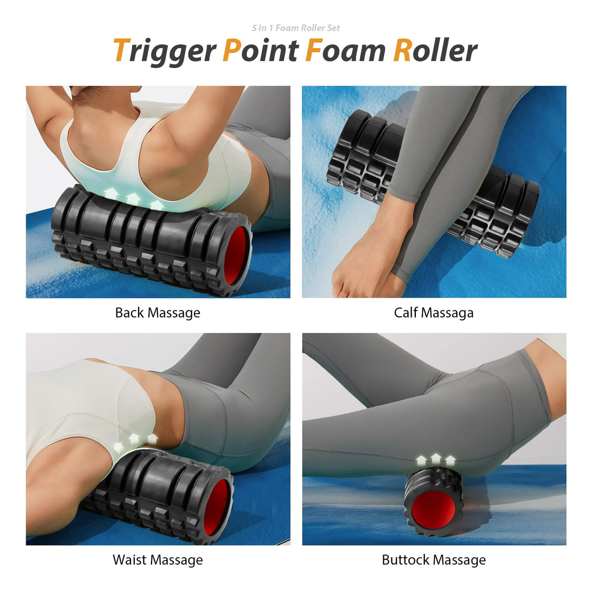 5 in1 Foam Roller Set, Trigger Point Foam Roller, Massage Roller Stick, Massage Ball, Resistance Band for Deep Muscle Massage Pilates Yoga,Fitness Exercise for Whole Body (Violet)