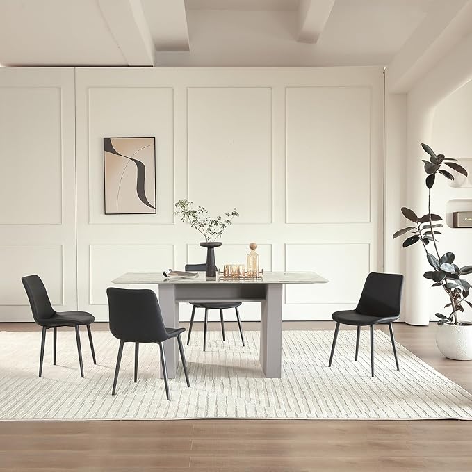 Black Leather Dining Chairs Set of 4, Mid Century Modern Faux Leather Kitchen & Dining Room Chairs, Comfortable Dinner Chair Kitchen Chairs for Restaurant Living Room, Cafe, Home (4, Black)