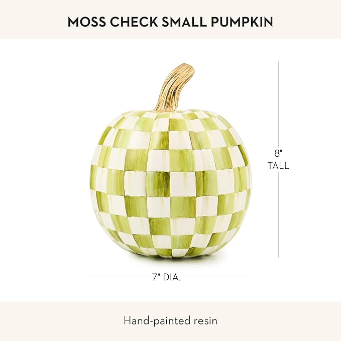 MACKENZIE-CHILDS Pumpkin, Resin Halloween and Fall Decor, Small, Olive-Green Moss Check