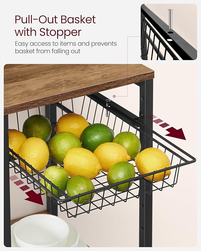 VASAGLE Baker's Rack, Coffee Bar Stand with Charging Station, 35.6 Inches Tall, Storage Shelves, Pull-Out Wire Basket, Table for Microwave, Kitchen, Honey Brown and Ink Black UKKS036K41