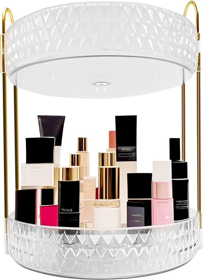 Rotating 2-Tier Makeup Organizer, Large-Capacity Storage with Brush Holder, Perfect for Vanity & Countertop