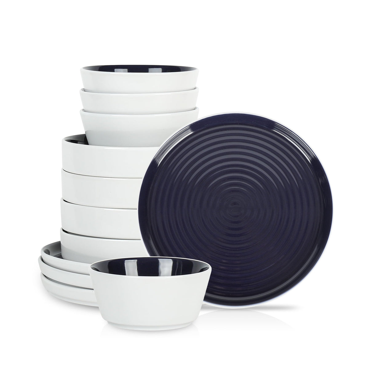 Stone Lain Elica 12-Piece Modern Dinnerware Set Stoneware, Plates and Bowl Sets for 4, Navy and White