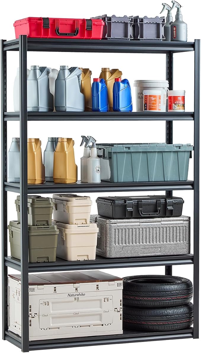 VEVOR Storage Shelves, 3000 lbs, 5 Tier Garage Storage Shelving, 18" D x 48" W x 78" H Adjustable Metal Shelves for Garage Shelves Utility Rack Shelf, Ideal for Kitchen, Warehouse, Basement, Black