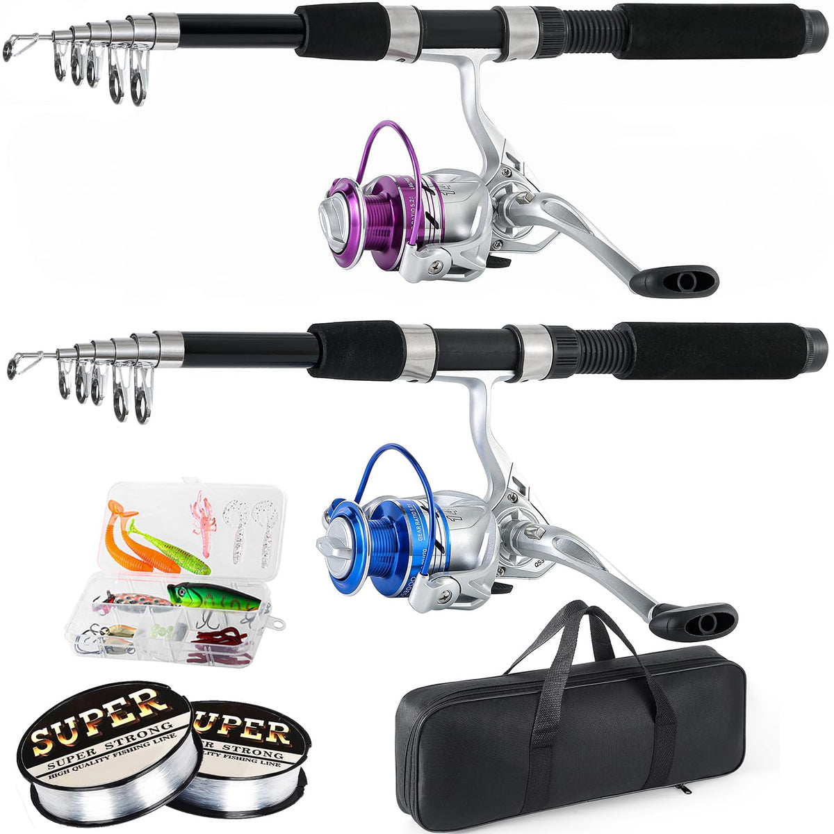 Tripquips Fishing Pole Combo, 6.9ft 2Pcs Telescopic Rods Set, Collapsible Fishing Rods, 2PCS Spinning Reel Set with Carrier Bag Freshwater Fishing Rod and Reel Combos Kits(Blue and Purple)