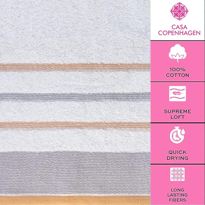CASA COPENHAGEN White Bay, 6 Pieces Towel Set- White with Beige and Grey Border, 600 GSM, 2Bath, 2Hand, 2Washcloths Egyptian Cotton Towel for Hotel Spa Kitchen Bathroom Kitchen & Shower