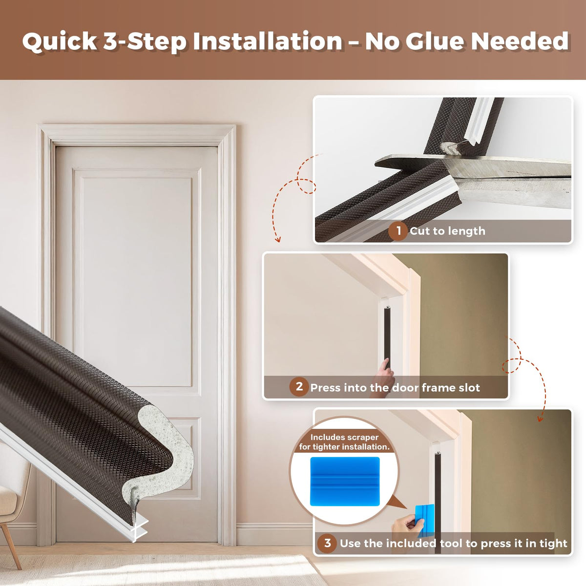 60FT Weather Stripping Door Seal, Kerf Style Foam Strip for Large Gaps, with Scraper Tool for Exterior and Interior Frames, Brown