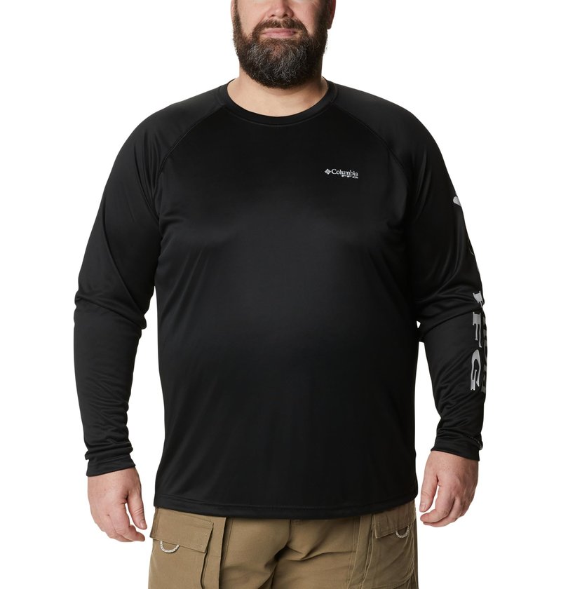 Columbia Men's PFG Terminal Tackle Long Sleeve Fishing Shirt, Black/Cool Grey Logo, Large Tall