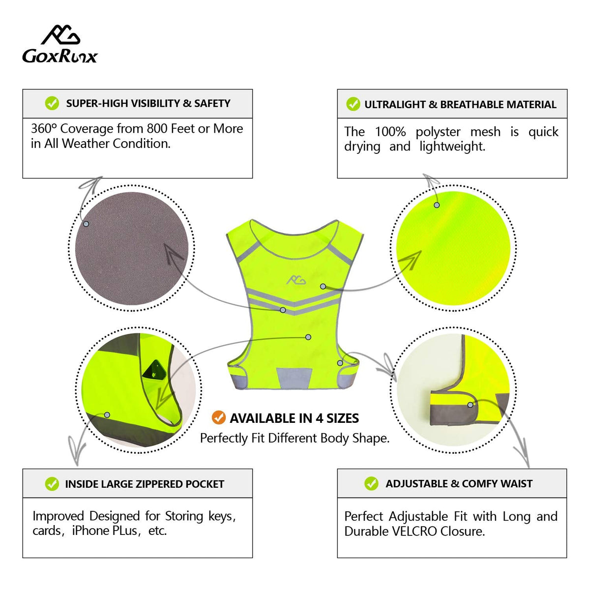 Reflective Running Vest Gear Ultralight & Comfortable Cycling Motorcycle Reflective Vest-Large Zippered Inside Pocket & Adjustable Waist- High Visibility Night Running Safety Vest (Yellow, XXL)