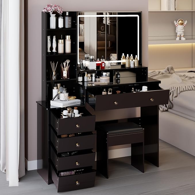 41" Vanity Desk with Mirror and Lights, Makeup Table with Led Mirror, 3 Lighting Colors, Vanity Set with Drawers and Stool for Bedroom, Black