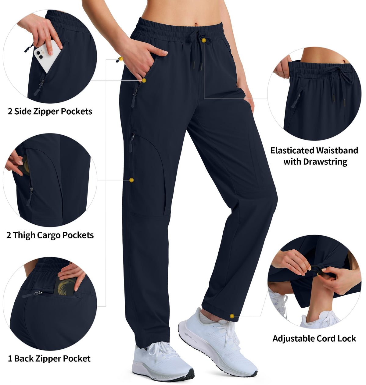 Hugut Women's Hiking Pants Quick Dry Lightweight Cargo Pants UPF 50 Water Resistant Zipper Pockets for Golf Travel Work Camping Navy