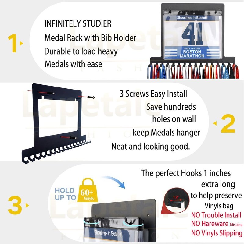Lapetale Fashion Race Medal and Bib Display,Running Bib and Medal Display and Runner Medal Hanger Display,Medal and Bib Hanger Display, Bib and Medal Display for Wall,Gifts for Runners