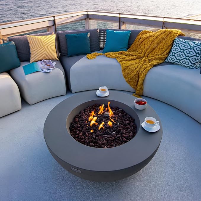 Elementi Lunar Bowl Fire Pit Bundle Outdoor Firepit Set Includes 42” Natural Gas Concrete Firepit, Glass Windscreen, Stainless Steel Cover, Canvas Cover, Floor Mat, and Beverage Tub