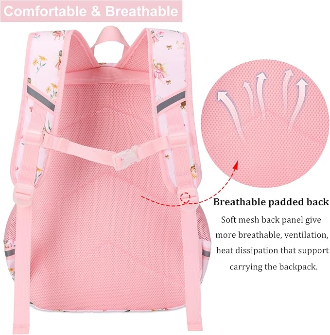 DSIUE Kids Backpack for Girls Elementary BookBags Teens School Backpack with Lunch Box Flower Fairy Pink
