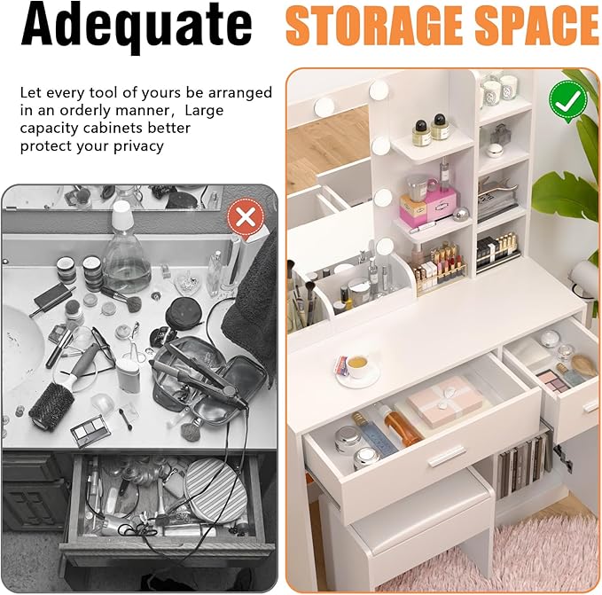 Vanity Desk with Mirror and Lights， Makeup Vanity Desk with Lights 3 Colors，Dressing Table with 10 Bulbs Light, Power Outlet & 2 Drawers and Vanity Stool, for Bedroom Dressing Room (White)