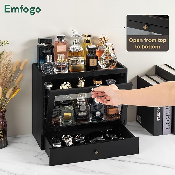 Cologne Organizer for Men, Solid Wood Perfumes Organizer for Men Dresser, Large Capacity Dustproof Cologne Holder with Drawer Storage Perfume Stand Organizer, Ideal Gift for Loved ones