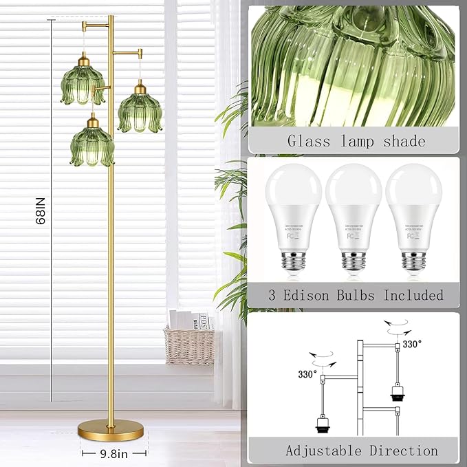 Vintage Floor Lamps for Living Room Bedroom-3 Light Glass Floor Lamp with Three Led Bulb, Flower Tall Floor Lamp Gold Mid Century Modern Standing Lamp Tree Floor Lamps for Living Room Bedroom Corner
