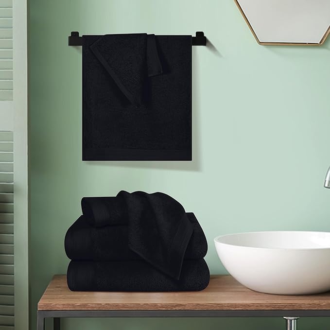 Ultra Soft 6 Pack Cotton Towel Set, Contains 2 Bath Towels 28x55 inch, 2 Hand Towels 16x24 inch & 2 Wash Coths 12x12 inch, Ideal Everyday use, Compact & Lightweight - Black