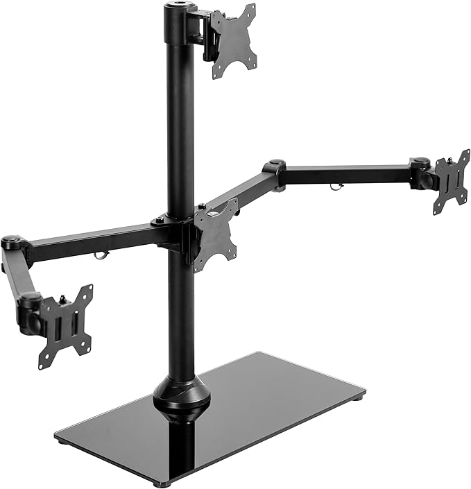 VIVO Black Steel Quad Freestanding LED LCD Computer Monitor, Heavy Duty 3 plus 1 Fully Adjustable Stand with Base, Holds 4 Screens up to 24 inches, STAND-V004TG