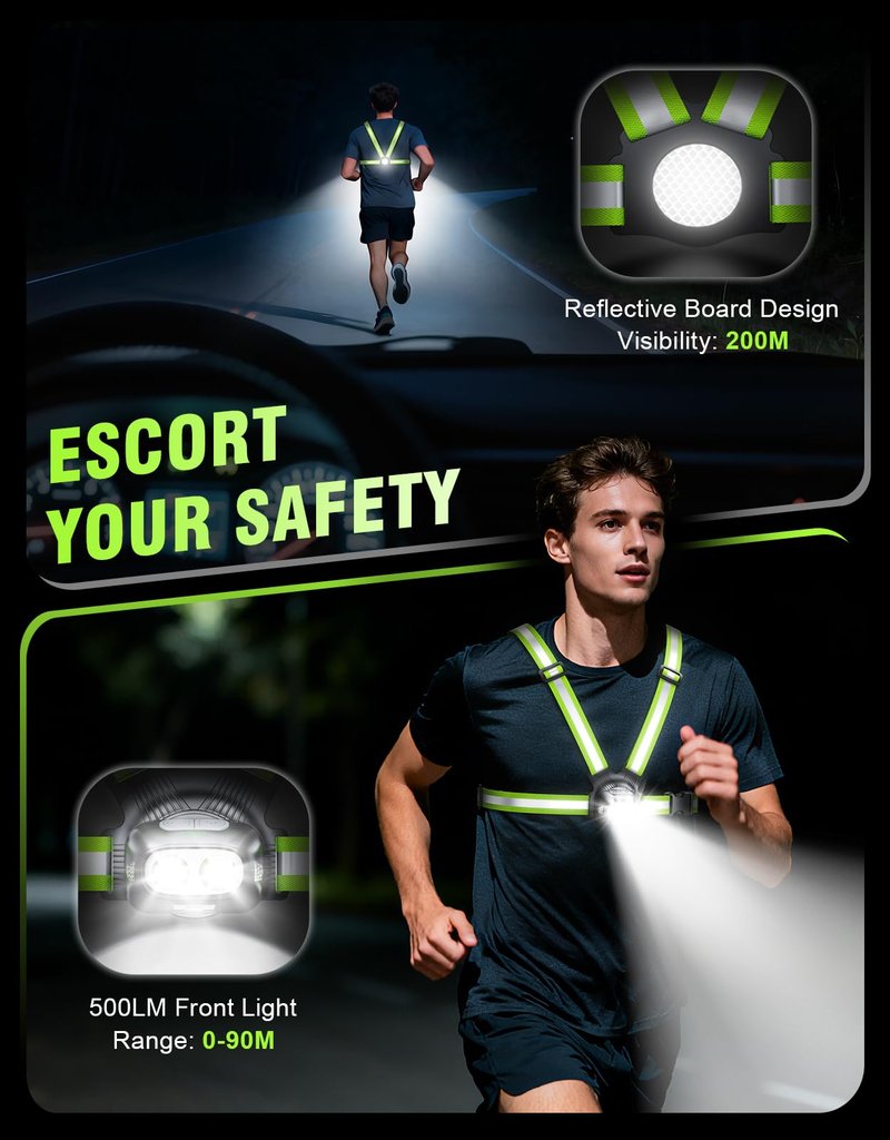 Niweya Running Lights for Runners, 500LM 1800mAh Rechargeable Running Light with 7 Modes & 45° Adjustable Beam, IPX4 Waterproof 360° Light up Gear, Reflective Vest for Night Walking/Jogging/Hiking