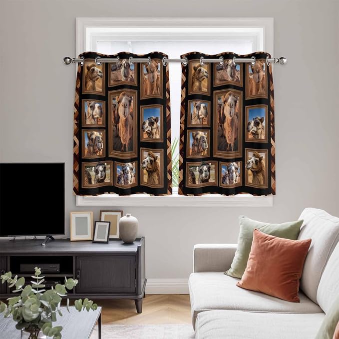 2 Panel Kitchen Cafe Curtains, Desert Camels Sunlight Filtering Nature Air