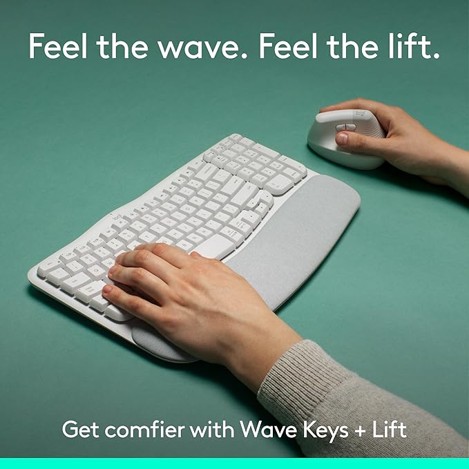 Logitech Wave Keys & Lift Vertical Mouse - Ergonomic Wireless Keyboard and Mouse Combo - with Cushioned Palm Rest, Easy-Switch, Bluetooth, for Multi-OS, Windows/Mac - Off-White
