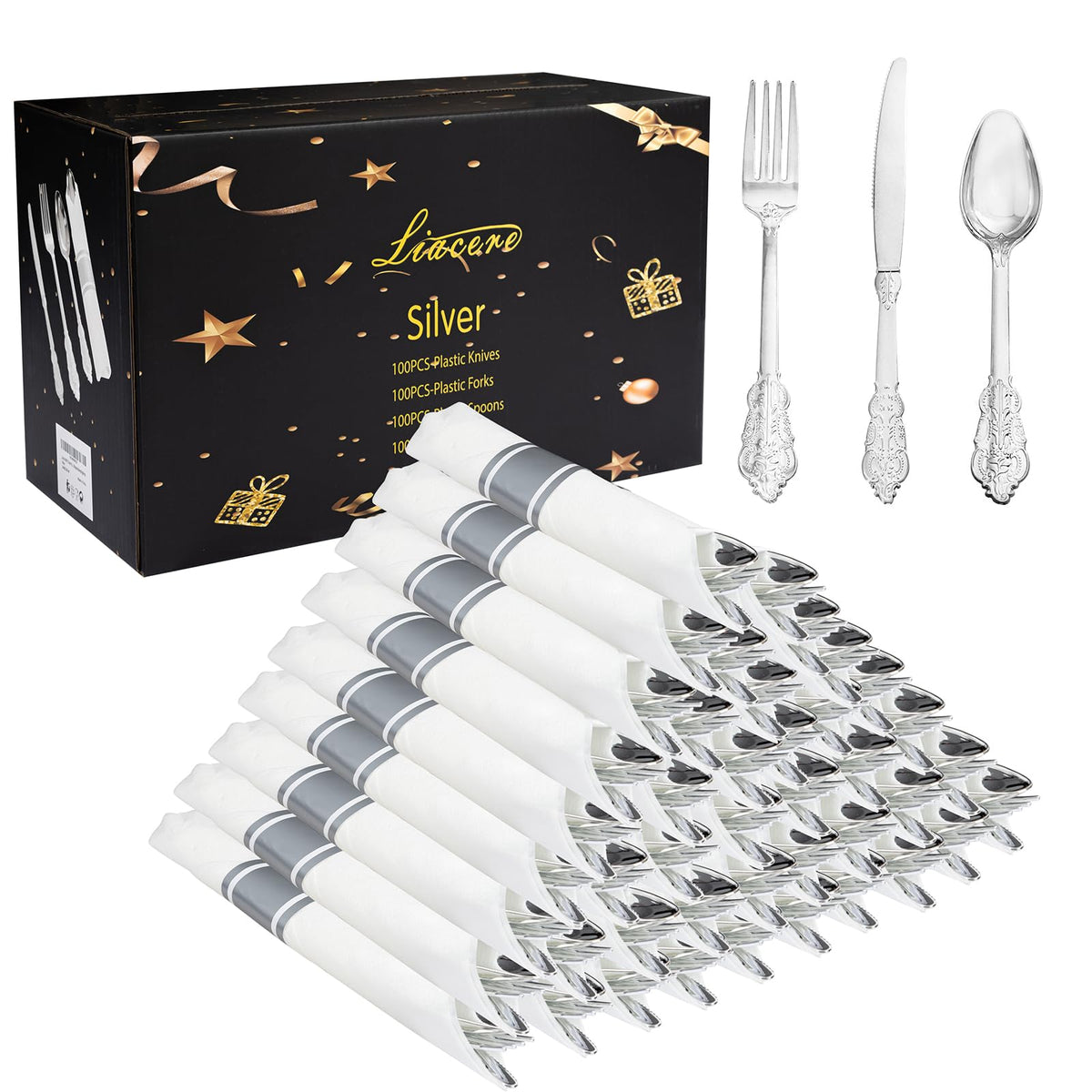Liacere 400PCS Silver Plastic Silverware - Pre Rolled Napkins Disposable Silver Cutlery-Premium Quality Gold Plastic Utensils - Includes 100Forks,100Knives,100Spoons,100Napkins For Wedding & Party