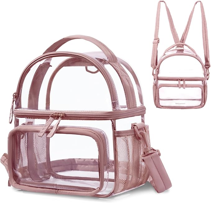BAGSMART Stadium Approved Clear Bag 12"x6"x12", Double Deck Lunch Box, Convertible to Backpack, Waterproof PVC, Pink