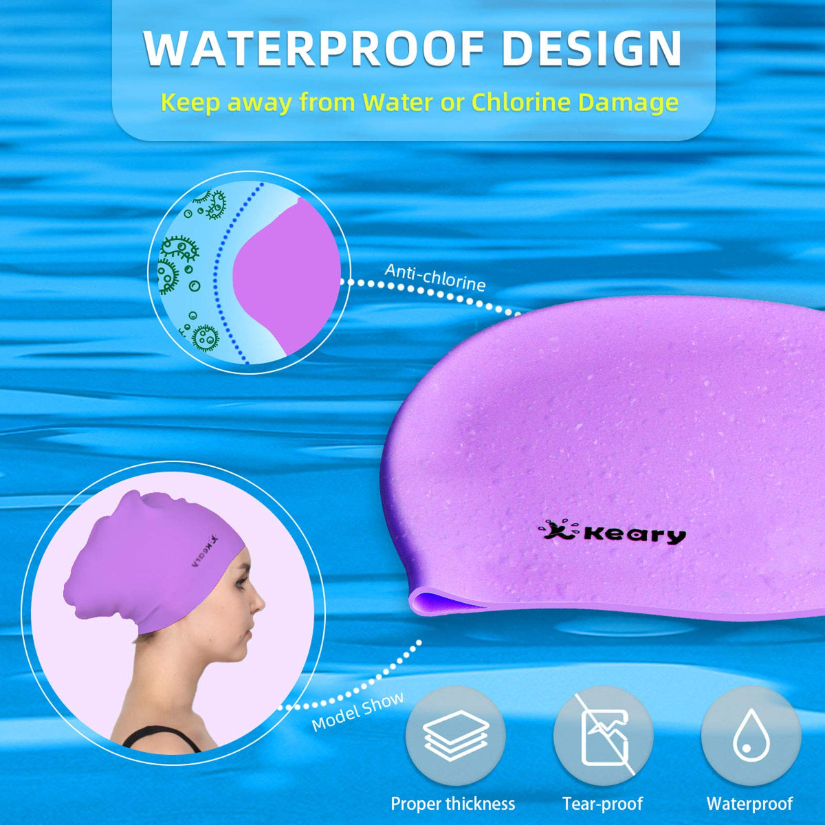 Keary 2 Pack Silicone Swim Cap for Long Hair Women Girls Waterproof Pool Swimming Cap Cover Ears to Keep Your Hair Dry, 3D Ergonomic Stretchable Durable and Anti-Slip, Easy to Put On and Off