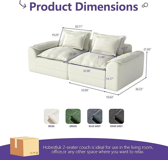 Hobestluk 87" Cloud Sectional Couch Loveseat with Deep Seat 2-Seater with Removable Cover Large Sofa Couch for Living Room (Beige, Loveseat Sofa)