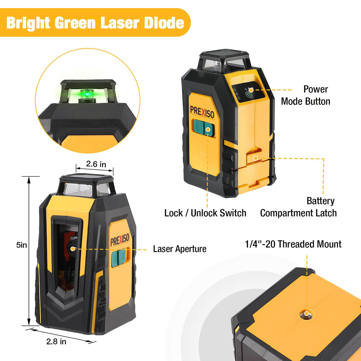 PREXISO 360° Laser Level with Tripod, 100Ft Self Leveling Cross Line Laser- Green Horizontal Line for Construction, Floor Tile, Renovation with Target Plate, Green Glasses, Carry Bag, 4 AA Batteries