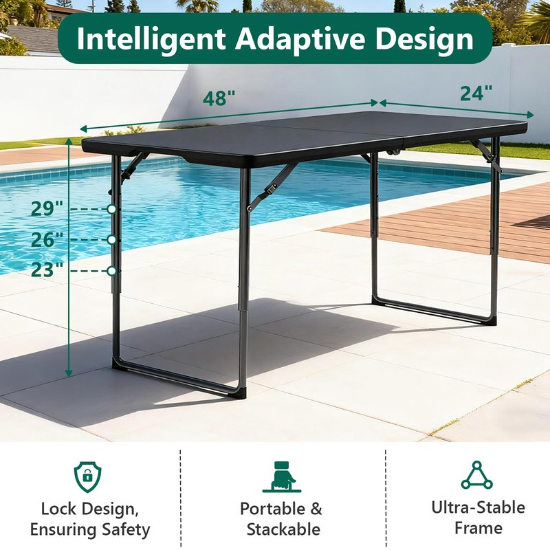 MAKE CHANGES Folding Table 4FT Heavy Duty Plastic Table with Handle, Foldable&Portable, Fold-in-Half Utility Tables for Outdoor, Dining, Wedding, Events, Indoor, Picnic, Camping, Party, Black