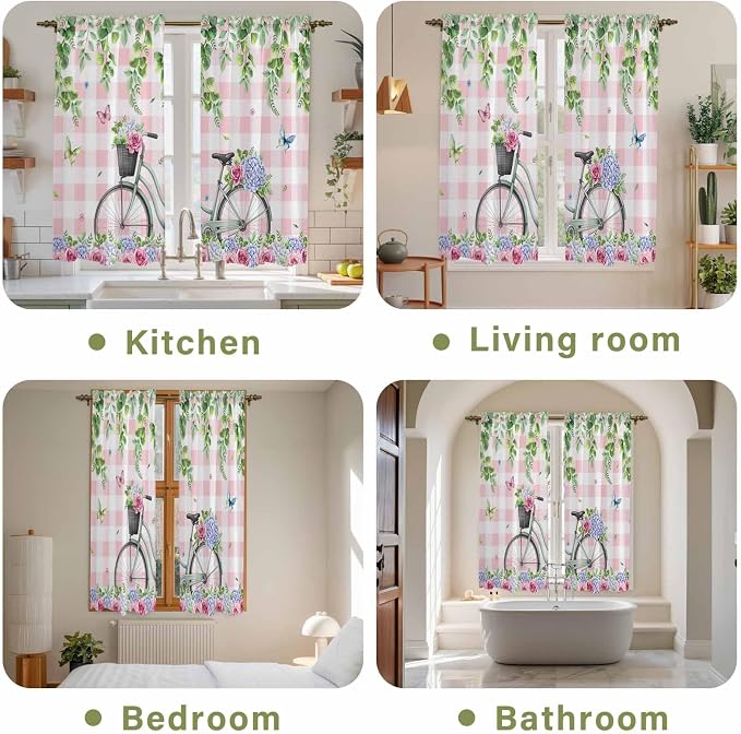Spring Kitchen Curtains, Bicycles Leaves Butterfly Flowers Pink Buffalo Plaid