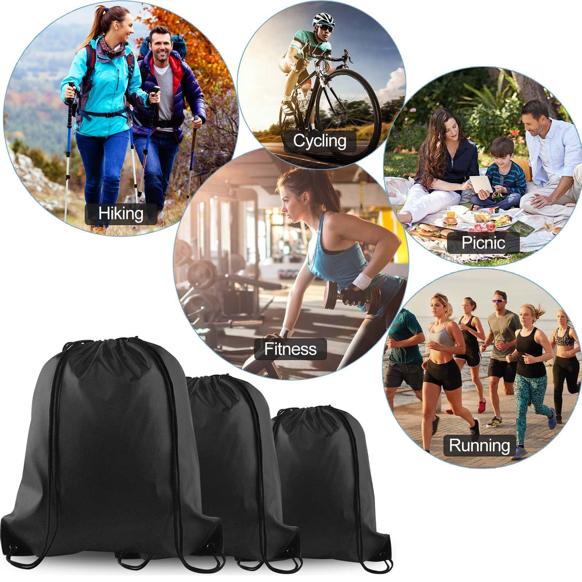 PLULON 15 Pcs Black Drawstring Bags, Drawstring Backpack Bulk, Classic Gym Backpack Bags for Yoga Traveling Outdoor Sports