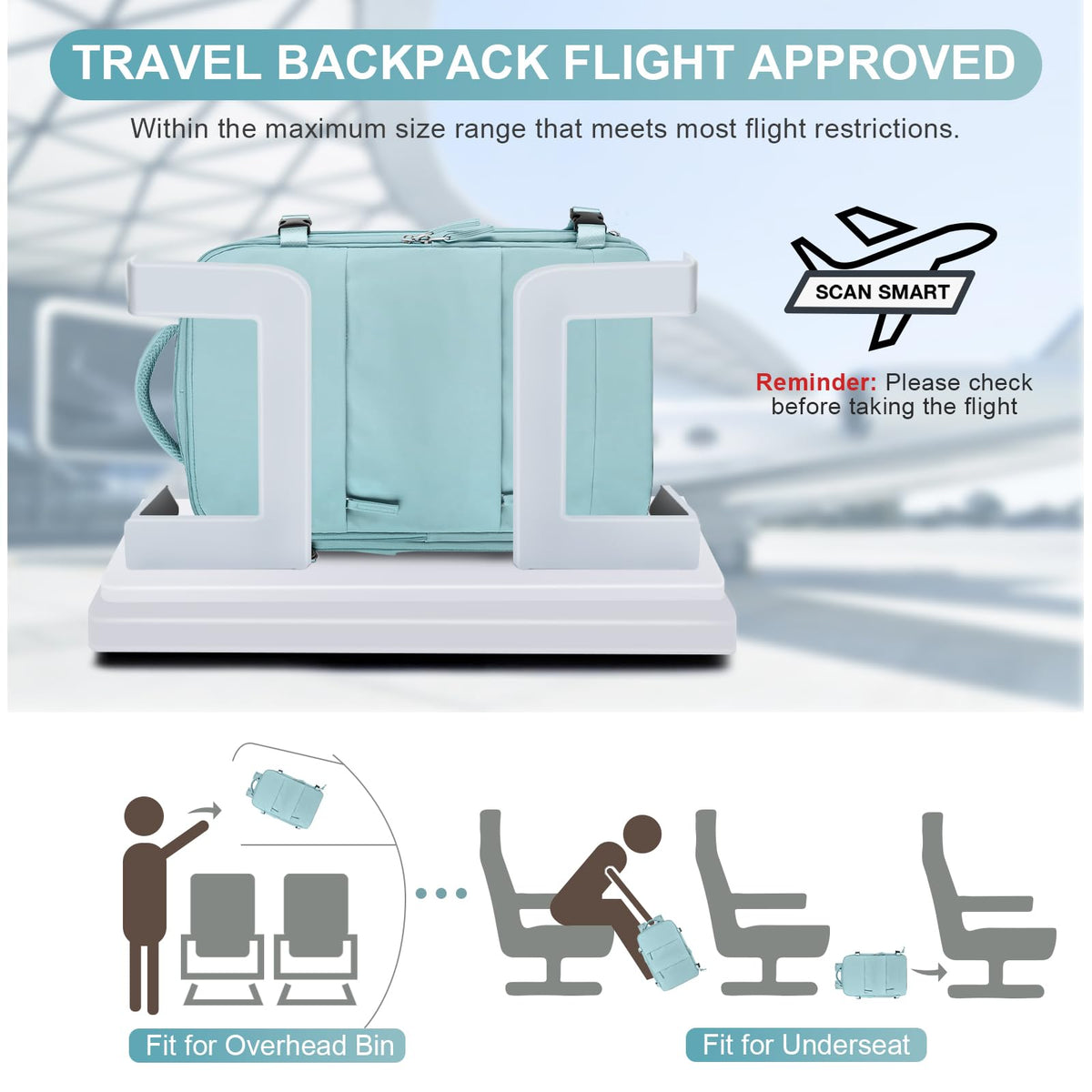 coofay Travel Backpack Carry On Flight Approved Personal Item Travel Bag Carry On Backpack For Airplanes Personal Item Bag 18x14x8 Inches Backpack for Traveling on Airplane Blue