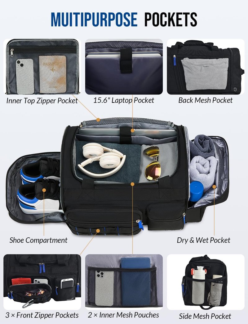 Celvetch Gym Bag for Men Women with Shoes Compartment 3-in-1 Sports Travel Duffel Bag Multipurpose Weekender Overnight Backpack with Wet Pocket - Black