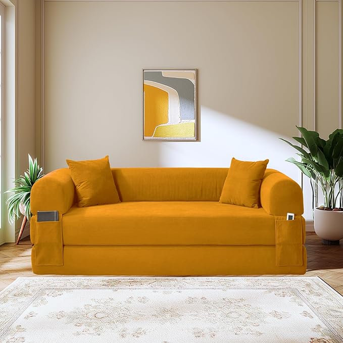 80" Convertible Sofa Bed,Folding Pull Out Couch with Pillows & Storage Pocket,Modular Corduroy Queen Sleeper Sofa in a Box,No Assembly Boneless Couch for Living Room,Yellow