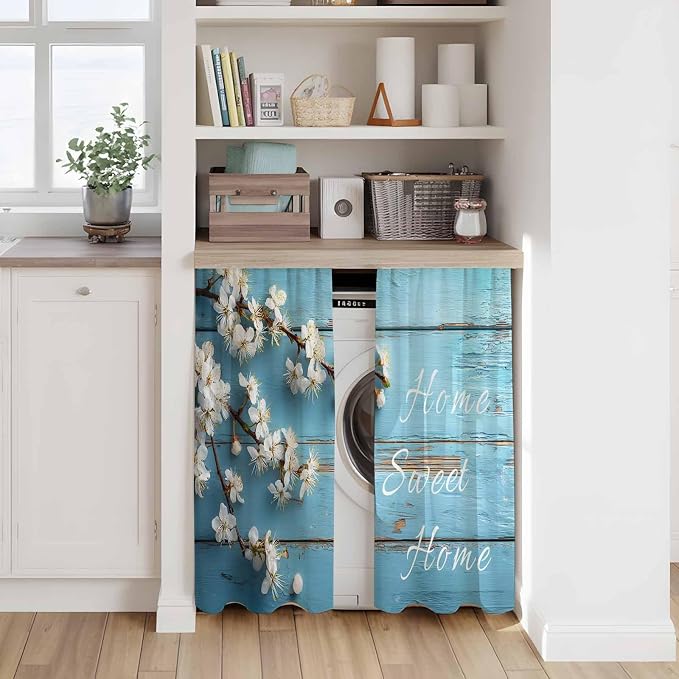 Farmhouse Wooden Grain Kitchen Curtains, Vintage Shabby Chic Flower Blue Light