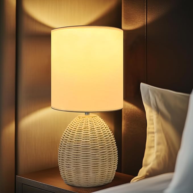 Boho Rattan Table Lamp - 3 Color Temperature, Handwoven Nightstand Lamp for Bedroom & Living Room