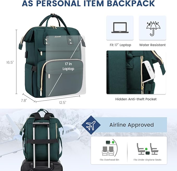 LOVEVOOK 17 inch Laptop Backpack Women, Large Travel Computer Back Pack with USB Charging Port, Anti Theft Backpack for Women Teacher Nurse Work, College Business, Dark Green
