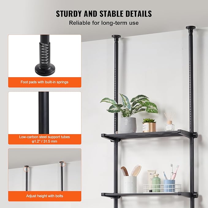 VEVOR Over Toilet Shelf, 4-Tier Adjustable AboveToilet Bathroom Storage, Low-Carbon Steel 53"-132" Tall Storage Shelf Rack, Easy Assembly Laundry Space Saver, for Small Rooms, Fit Most Toilets