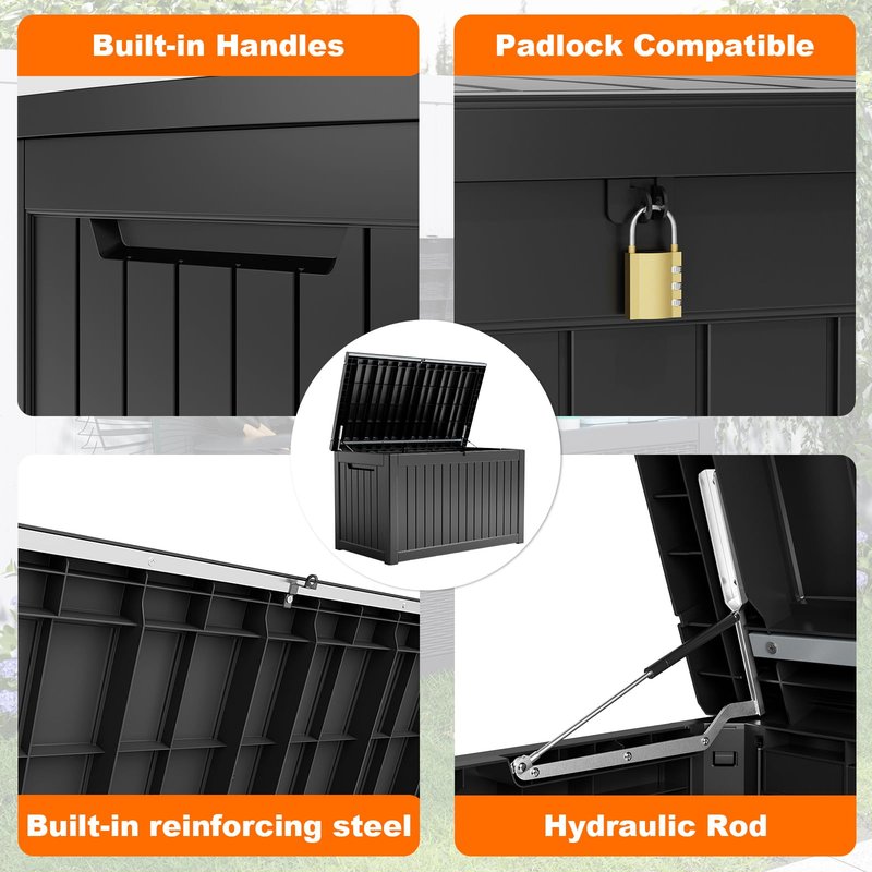 PatioZen 280 Gallon Outdoor Deck Box,Waterproof Resin Outdoor Storage Boxes, Outside Storage Lockable Container for Garden Tools,Indooor Cushions,Accessories (Black)