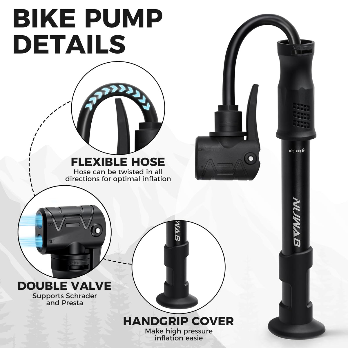 NUWAB Mini Bike Pump with Gauge, 10 Inch Portable Hand Bicycle Pump, 100PSI, Support Shrader and Presta, Fast Air Out Ball Pump, Work with All Bikes and Balls, Swimming Ring
