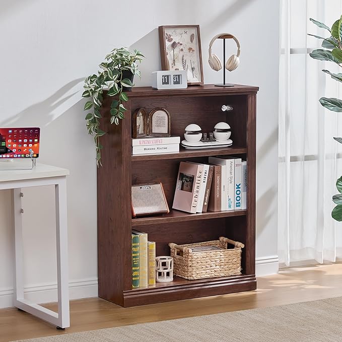 43" Walnut Tall Bookshelf Set of 4,3-Tier Thick Wooden Book Shelf with Adjustable Shelves,Free Standing Farmhouse Bookcase with Open Display Storage,Floor Vintage Bookshelves for Living Room