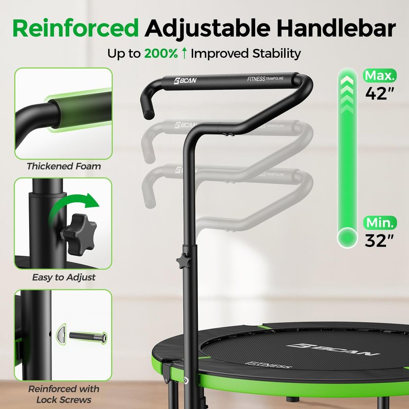 BCAN 40"/38" Foldable Mini Trampoline, Rebounder Trampoline for Adults, U/T Adjustable Foam Handle, Exercise Rebounder for Adults Indoor/Garden Workout, Max Load 330lbs/440lbs-40IN-T-Handle-Green