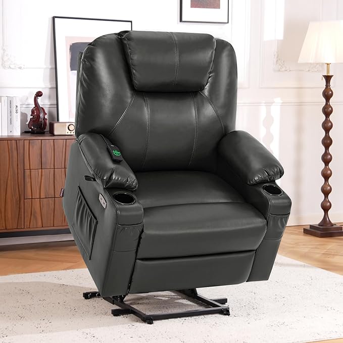 MCombo Oversized Power Lift Recliner Chair for Elderly, Lift Chair with Heat and Massage for Big and Tall, USB&Type C Ports, Cup Holders, Faux Leather R7510 (Grey, Large-Wide)