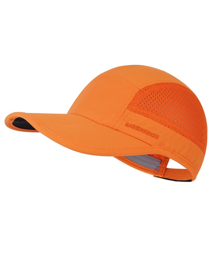 GADIEMKENSD Men Folding Running Hats Long Brim Golf Hat Dry Fit Ball Caps Unstructured Breathable Lightweight SPF 50 Cooling Cap for Outdoor Sport Hiking Workout Gym Tennis Orange