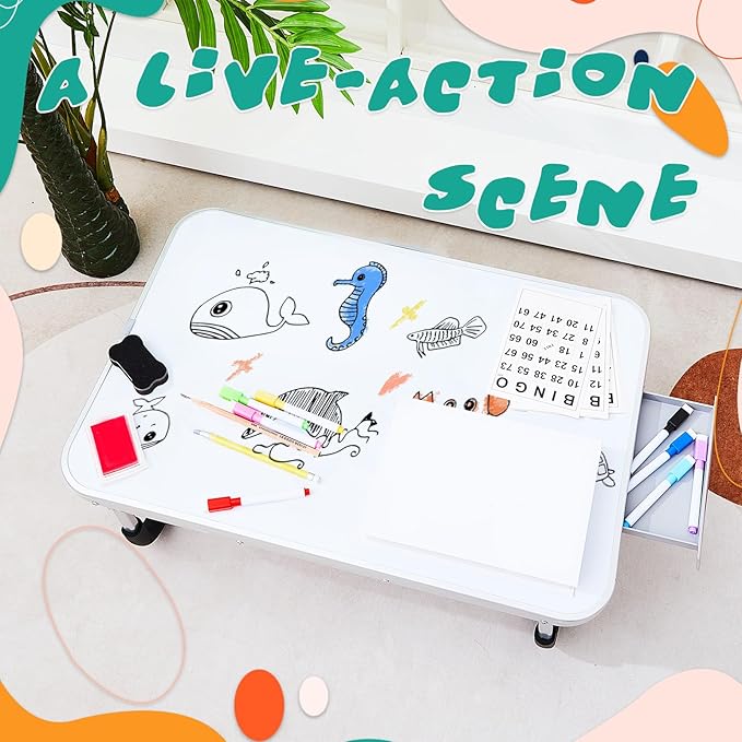 Suzile 2 Pcs Lap Desk with Dry Erase Board, 24"x16" Foldable Study Table with Storage Drawer, Markers & Eraser, Portable Learning Desk for Homeschool, Homework & Drawing, Writing, School Supplies