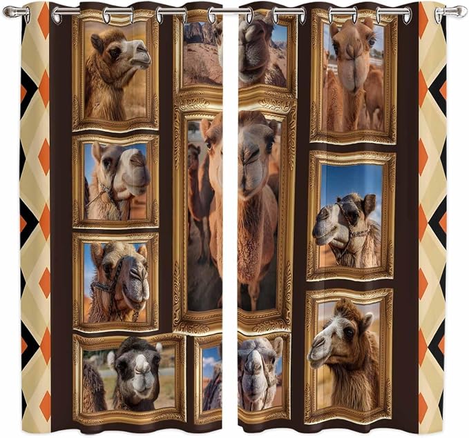 2 Panel Kitchen Cafe Curtains, Wildlife Camels Sunlight Filtering Nature Air